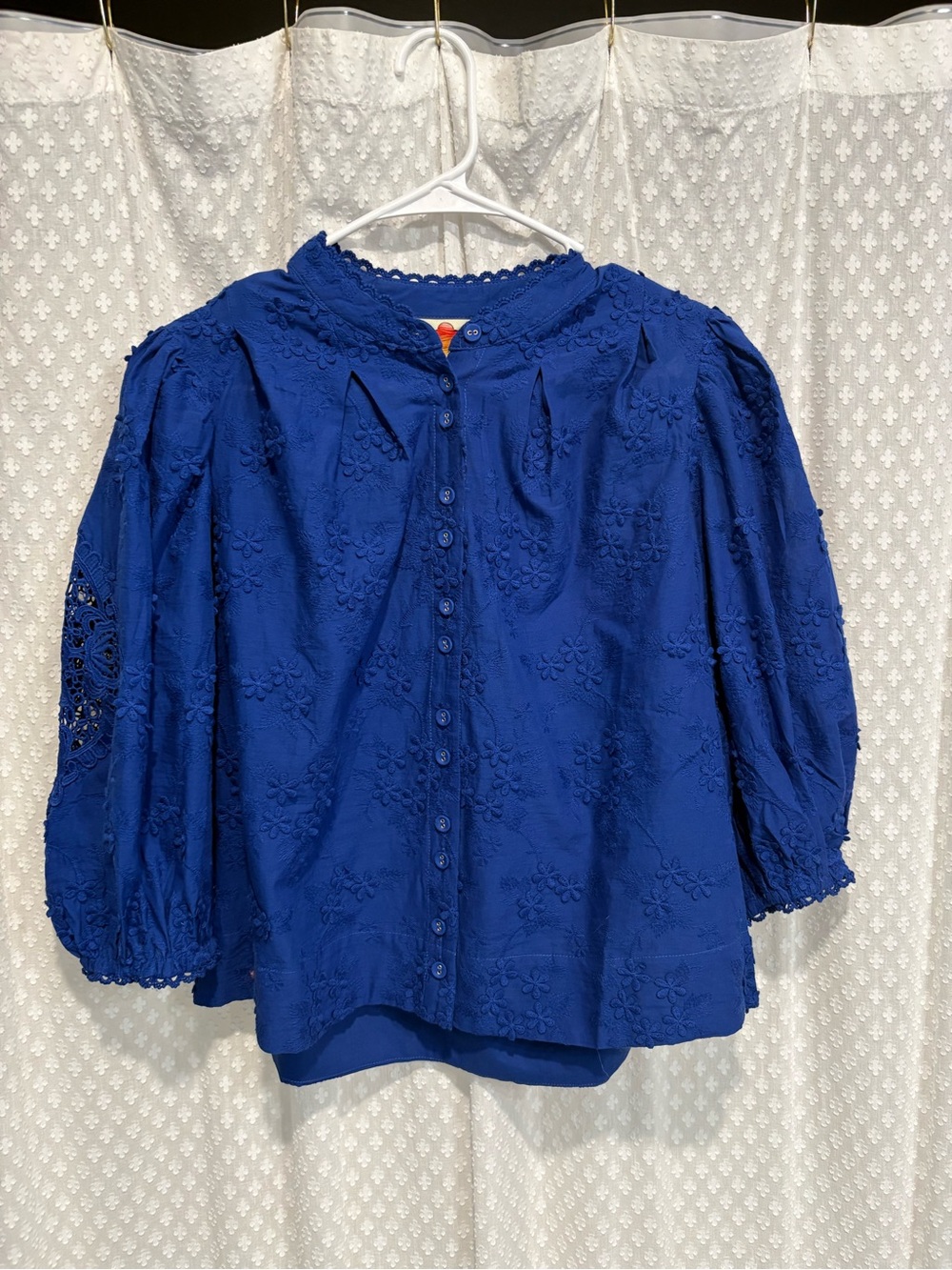 FARM Rio Cobalt Blue Puff-Sleeve Button Front Blouse - Picture 2 of 7